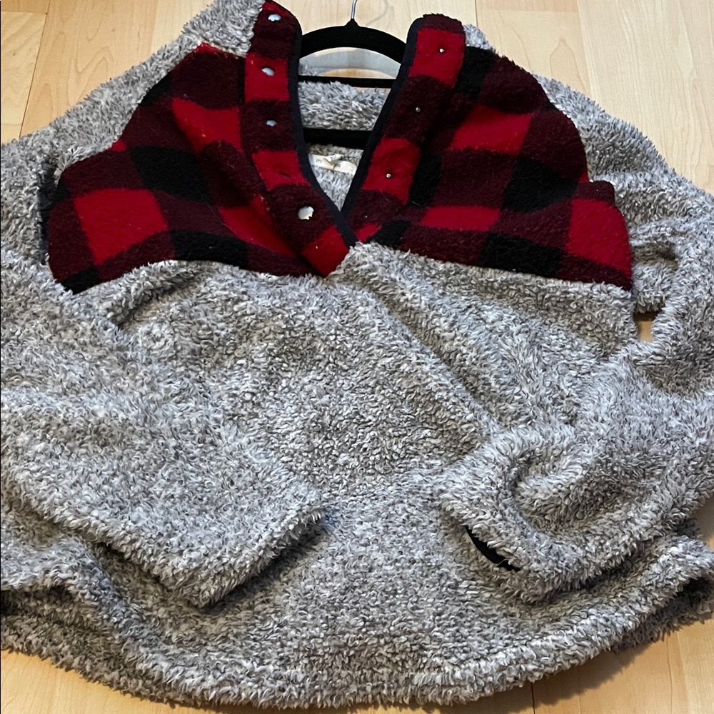 Maurices Gray Plush Pullover Sweater with Red Buffalo Plaid Yoke